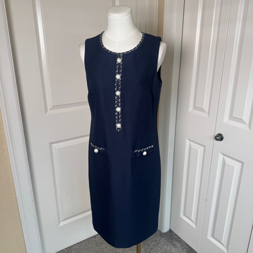 Karl Lagerfeld Paris Women's 6 Tweed Navy Dress with Pearl and Chain Detail